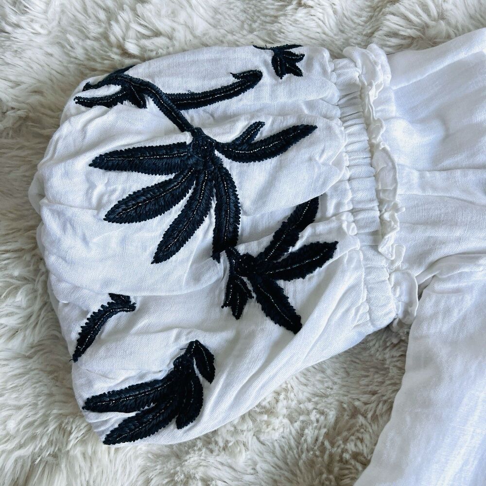 Chico's White & Blue Linen Blend Floral Puff Sleeve Boho Lagenlook Blouse Sz 16 - Picture 4 of 10